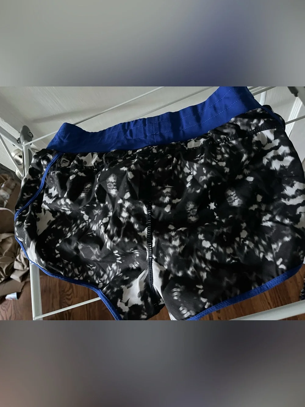 Fabletics - Black & White Marble Print Athletic Shorts with Royal Blue Trim - Picture 5 of 5